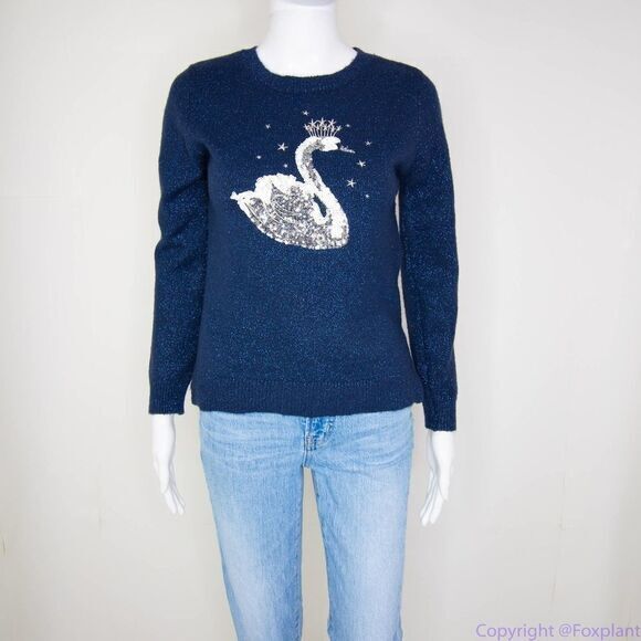 Children's Place shimmering metallic thread sequin swan navy blue sweater, L - Picture 13 of 16